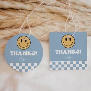 Bearbeitbarer quadratischer / runder blauer Smiley Favor Tag One Happy Dude Dankeschön-Tag Karierter Junge Smiley Geschenkanhänger Goodie Bag Label SMI4