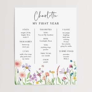 Cartel de hitos de flores silvestres, letrero de hitos de flores, tablero de hitos de fiesta de jardín floral, tablero de estadísticas de primer cumpleaños de flores silvestres 1021