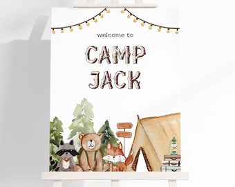 Camping Birthday Party Welcome Sign, Editable Camp Welcome Sign, Forest Outdoor Nature Boy Birthday Welcome Sign, Instant Download CMP1