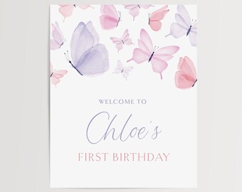 Pink Purple Butterly Birthday Party Welcome Sign, Editable Butterfly Welcome Sign, Girl Birthday Welcome Sign, Printable Corjl BF1