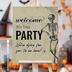 Letrero de bienvenida vintage para fiesta de Halloween, decoración gótica de esqueleto antiguo para fiesta de Halloween, plantilla editable imprimible de 16 x 20 (08HW)