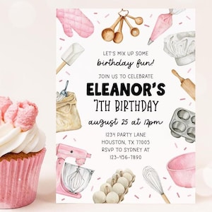 Faire-part d'anniversaire de pâtisserie, décoration de cupcakes pour fête d'anniversaire, modèle modifiable d'invitation de cuisine fille 82BK