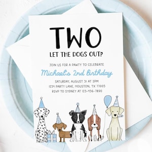 Dog 2nd Birthday Invitation, Two Let the Dogs Out, Puppy Party Invite, Dog Theme Boy Birthday Party Editable Template 42DG