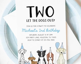 Dog 2nd Birthday Invitation, Two Let the Dogs Out, Puppy Party Invite, Dog Theme Boy Birthday Party Editable Template 42DG