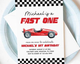 Fast One Invitation, Race Car 1st Birthday Party, Red Racing Car First Lap Around the Track Boy First Birthday Invite Editable Template 16RC