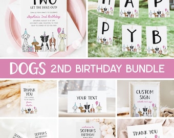 Hund 2-års födelsedagspaket, Valpfestinbjudan, Två släpper ut hundarna, Hundtema Flicka 2-års födelsedagsfestpaket Redigerbara mallar 43DG