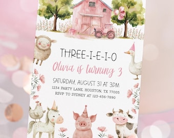 Three I E I O Birthday Invitation, Farm Girl 3rd Birthday Party, Pink Barn Animals Invite Editable Template 79FM