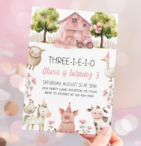 Three I E I O Birthday Invitation, Farm Girl 3rd Birthday Party, Pink Barn Animals Invite Editable Template 79FM