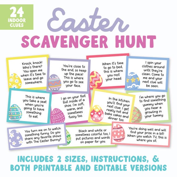 Easter Scavenger Hunt, Indoor Easter Egg Treasure Hunt Game for Kids, 24 Clues & Two Sizes, Editable AND Printable Instant Download 01EB