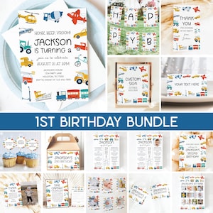 Transportation 1st Birthday Bundle, Things That Go Invitation, Cars Trucks Vehicles Boy 1st Birthday Party Bundle Editable Templates 12TR