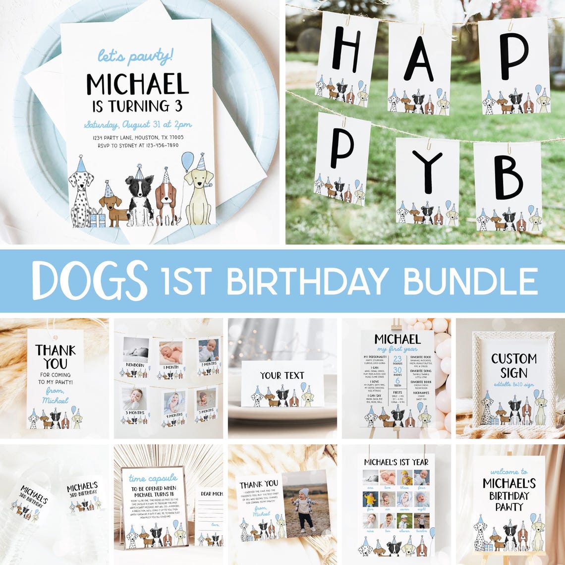 Dog 1st Birthday Bundle, Puppy Party Invitation, Lets Pawty Dog Theme ...