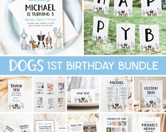 Dog 1st Birthday Bundle, Puppy Party Invitation, Lets Pawty Dog Theme Boy First Birthday Party Bundle Editable Templates 42DG