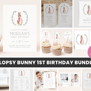 Flopsy Bunny 1st Birthday Party Bundle Peter Rabbit Girl First Birthday Invitation Pink Flopsy Bunny Birthday Party Templates 1012