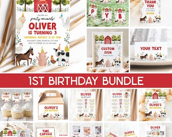 Farm 1st Birthday Bundle, Barn Animals Invitation, Barnyard Ranch Red Barn First Birthday Party Bundle Editable Templates 78FM