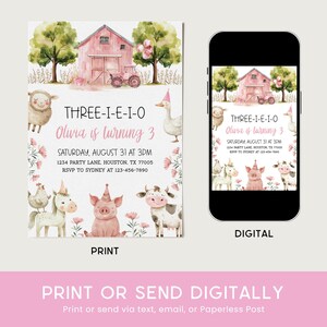 May include: Printable or digital invitation for a farm-themed birthday party. The invitation features a pink barn, a tractor, a goose, a sheep, a pig, a unicorn, and a cow. The text on the invitation reads "Three-I-E-I-O Olivia is turning 3" and includes the date, time, location, and RSVP information.