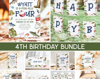 Fishing 4th Birthday Bundle, O Fishally Invitation, Ofishally Four Boy Birthday Party Bundle Editable Templates 83FI