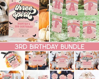 May include: A collection of party supplies with a Halloween theme. Includes invitations, banners, cupcake toppers, and gift tags. The invitation features the text "three spirit" and "Hunter's 3rd Birthday" in a retro font, with ghosts and bats.