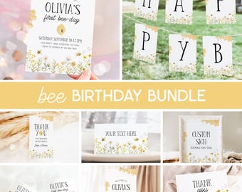 May include: A collection of bee-themed birthday party supplies. Includes invitations, a banner spelling "HAPPY BIRTHDAY", thank you cards, and customizable signs. Designs feature floral and honeycomb accents.