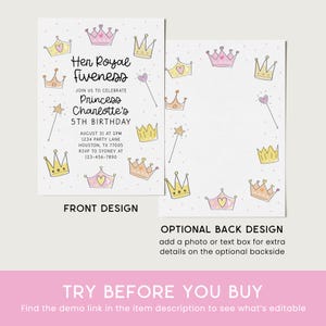 Pu&ograve; includere: Un biglietto d'invito bianco a tema principessa. Il design frontale presenta corone, una bacchetta magica e il testo "Her Royal Fiveness" e "Princess Charlotte's 5th Birthday." &Egrave; incluso anche il design posteriore.