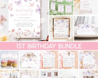 May include: A collection of pink and purple butterfly-themed party supplies. Includes invitations, banners, thank you cards, and signs. The invitation reads "Our Little Butterfly is Turning One" with event details. The bundle is perfect for a first birthday celebration.