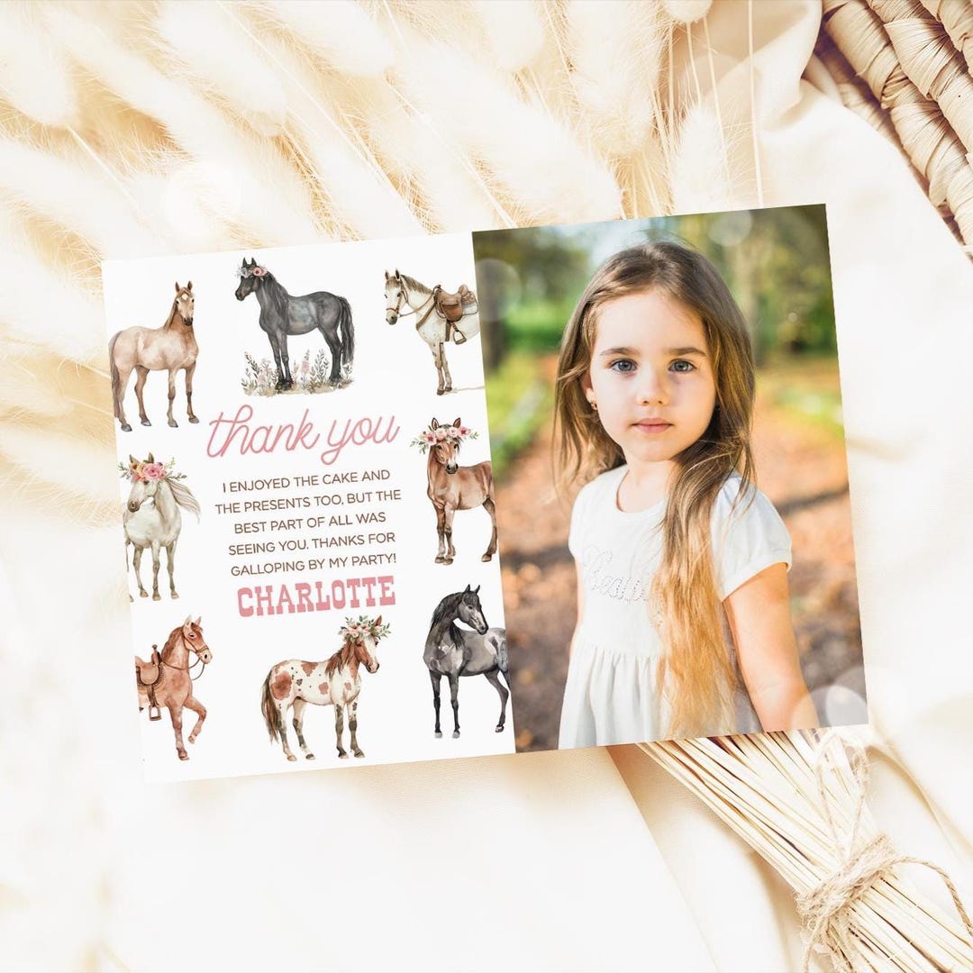 Horse Photo Thank You Card, Pony Girl Birthday Thank You, Western ...