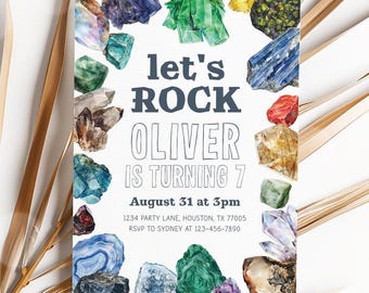 Geology Birthday Invitation, Rock Invite, Geode Crystal Gem Mining Boy Birthday, Dig Party Editable Template 20GE