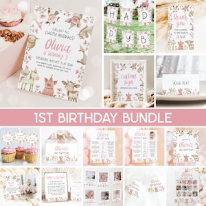 Farm Girl 1st Birthday Bundle, Barn Animals Invitation, Floral Pink Farm Animals Girl First Birthday Party Bundle Editable Templates 79FM