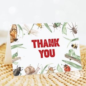 Carte de remerciement insecte pliée, carte de remerciement insecte, thème extérieur nature anniversaire carte de remerciement simple tente modifiable 17BU