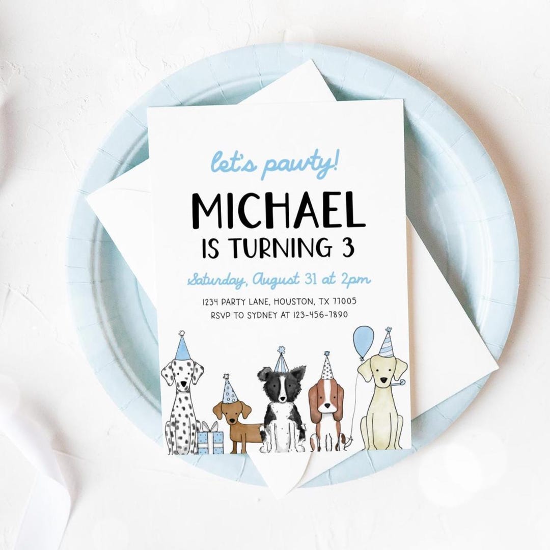 Dog Birthday Invitation, Puppy Party Invite, Lets Pawty Dog Theme Boy ...