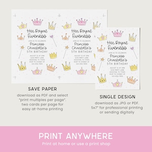 Pu&ograve; includere: Inviti per una festa di compleanno a tema principessa. Presentano corone, bacchette magiche e il testo "Her Royal Fiveness" e "Princess Charlotte's 5th Birthday". Disponibili in design singoli o multipli.
