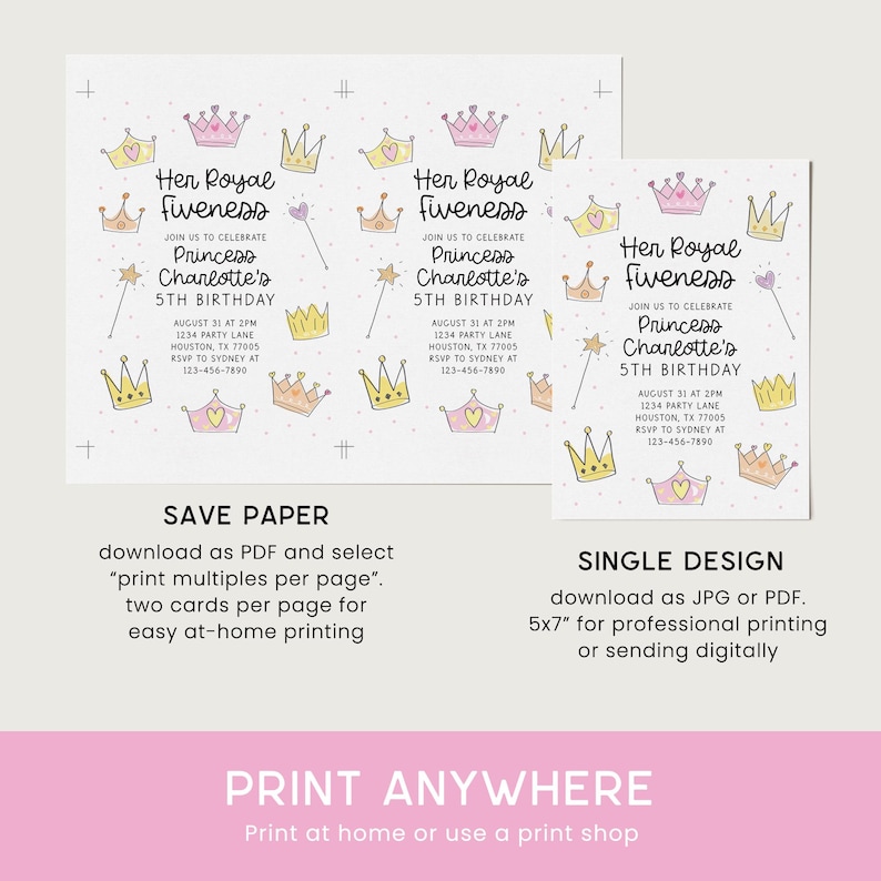 Pu&ograve; includere: Inviti per una festa di compleanno a tema principessa. Presentano corone, bacchette magiche e il testo "Her Royal Fiveness" e "Princess Charlotte's 5th Birthday". Disponibili in design singoli o multipli.
