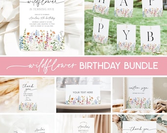 Wildflower Birthday Bundle, Wildflower Invitation, Wild Flower Floral Girl Birthday Party Package Bundle Editable Templates 31WF