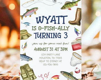 Inbjudan till fiskefödelsedag, O Fishally-inbjudan, Reel in the Fun Fish-tema, Ofishally Boy-födelsedagsfest redigerbar mall 83FI