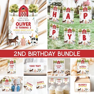 Baa Oink Moo I'm Two Bundle, Farm 2nd Birthday Invitation, Ranch Barnyard Barn Animals 2nd Birthday Party Bundle Editable Templates 78FM