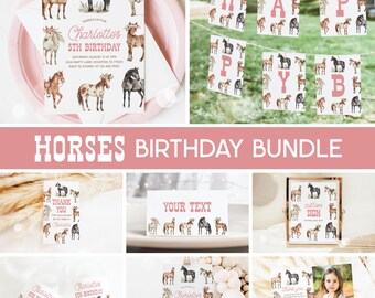 May include: A collection of horse-themed birthday party supplies. Includes invitations, banners, thank you cards, and signs. The invitations feature watercolor illustrations of horses. The banner spells out "HAPPY BIRTHDAY" with horse graphics. The text "HORSES BIRTHDAY BUNDLE" is displayed.