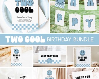 May include: A light blue and black birthday party bundle with a retro theme. Includes invitations, banners, thank you cards, and signs. The text includes "Two Cool" and "Oliver's 2nd Birthday" with a smiley face.