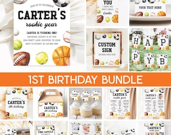 Sports 1st Birthday Party Bundle, Rookie Year Invitation, Sports Theme Boy First Birthday Bundle, Sports Invitation Editable Templates 14SP