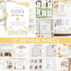 First Bee Day Birthday Bundle, First Beeday Invitation, Bee Girl 1st Birthday Party Bundle Editable Templates 78BE