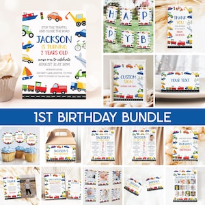 Transportation 1st Birthday Bundle, Things That Go Invitation, Cars Trucks Vehicles Boy 1st Birthday Party Bundle Editable Templates 22TR