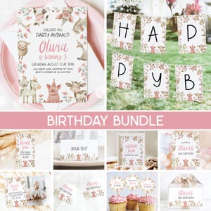 Farm Bundle, Farm Girl Birthday Invitation, Barnyard Ranch Floral Pink Farm Animals Girl Birthday Party Bundle Editable Templates 79FM