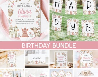 Farm Bundle, Farm Girl Birthday Invitation, Barnyard Ranch Floral Pink Farm Animals Girl Birthday Party Bundle Editable Templates 79FM