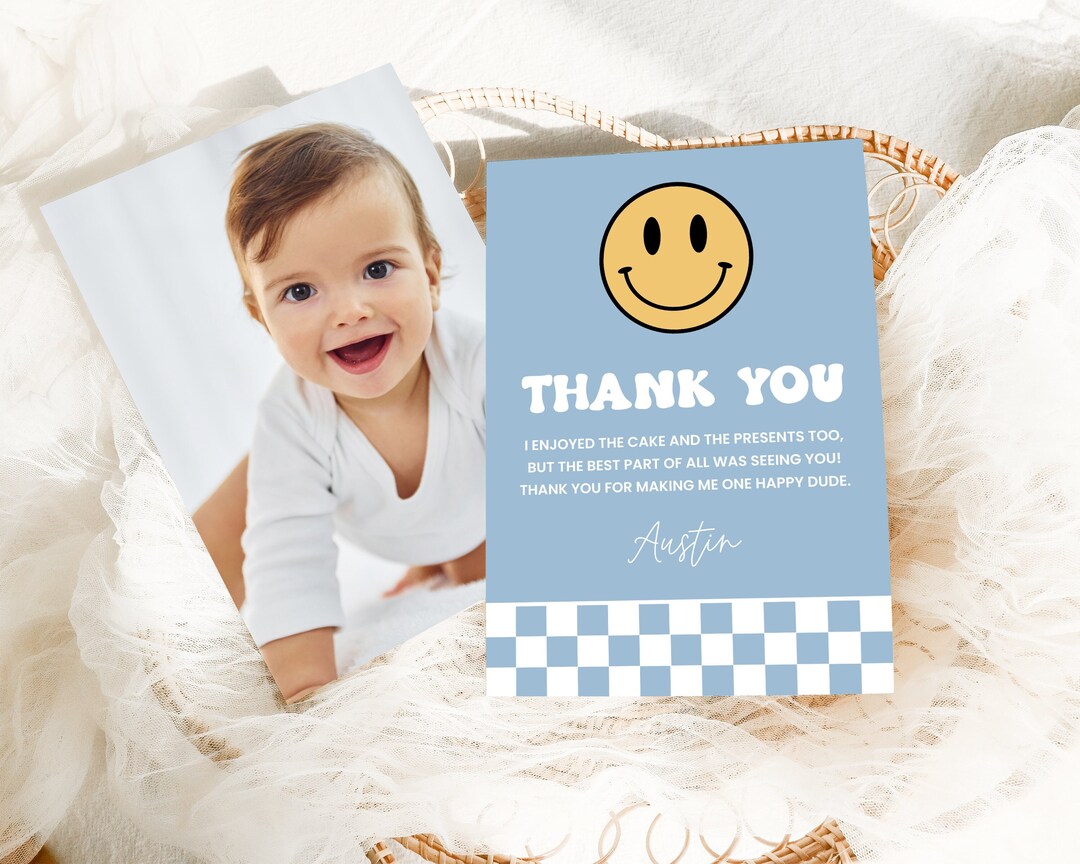 Smiley Face Thank You Card One Happy Dude Birthday Thank You Etsy