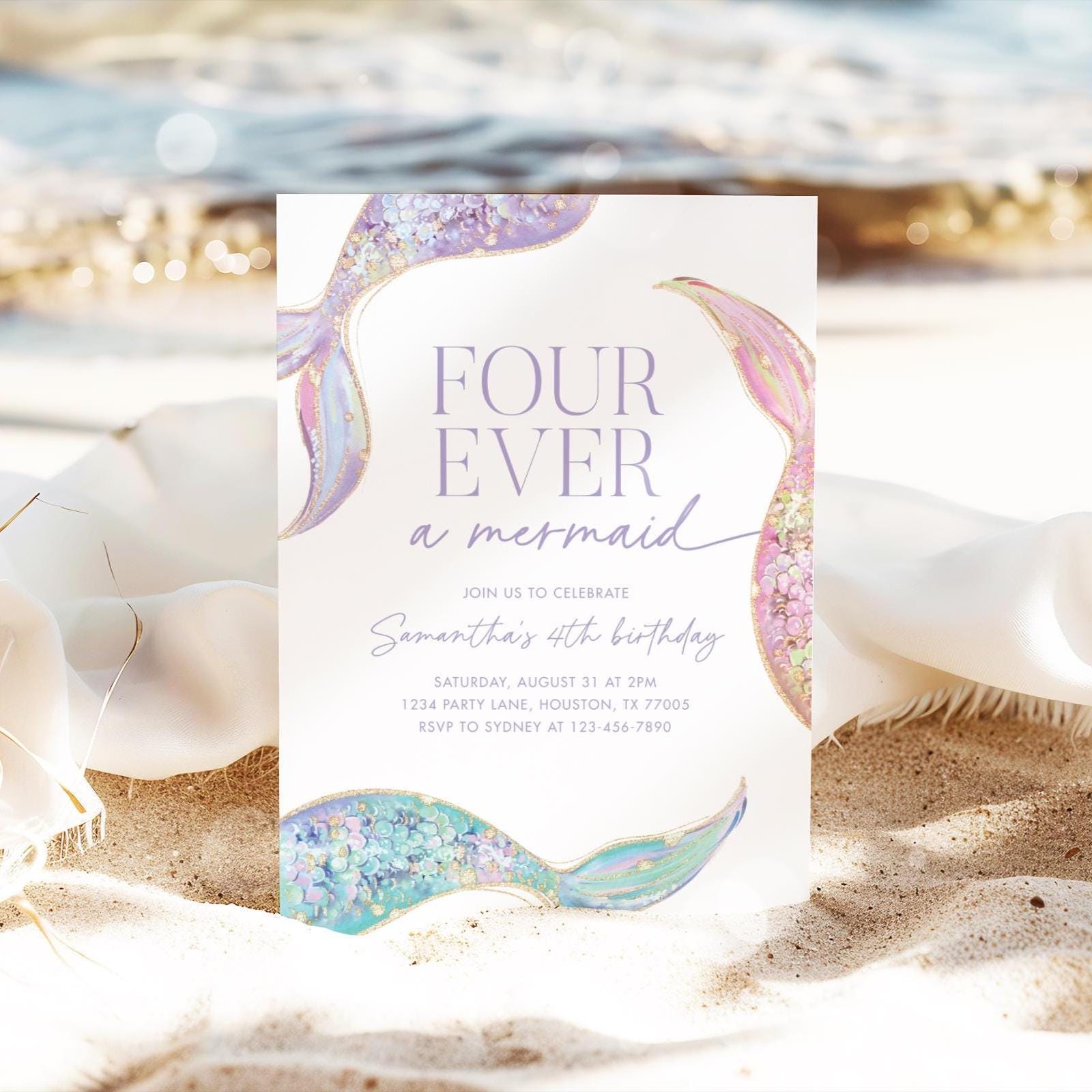 Fourever a Mermaid Invitation, Mermaid Girl 4th Birthday Party, Glitter Sparkle Mermaid Tail Invite Editable Template 23MR