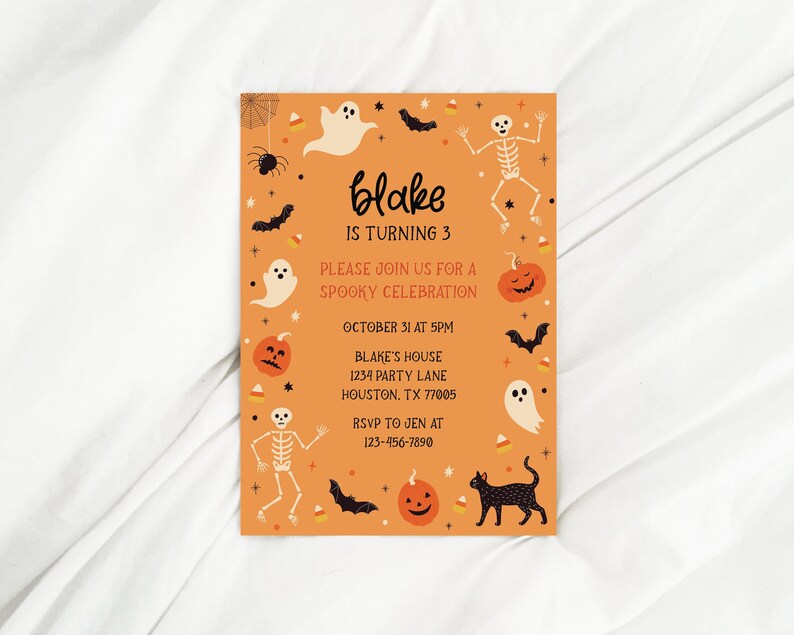 Editable Halloween Birthday Invitation Skeleton Pumpkin Ghost Etsy