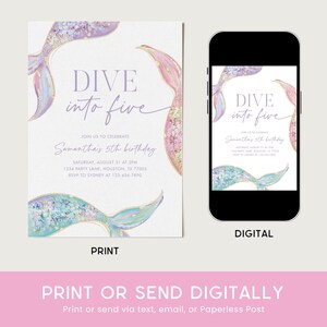Dive into Five Invitation, Mermaid 5th Birthday Party, Dive into 5, Glitter Sparkle Mermaid Tail Invite Editable Template 23MR image 5