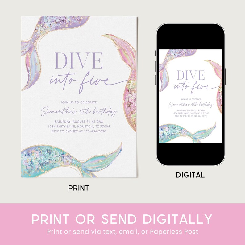 Dive into Five Invitation, Mermaid 5th Birthday Party, Dive into 5, Glitter Sparkle Mermaid Tail Invite Editable Template 23MR image 5