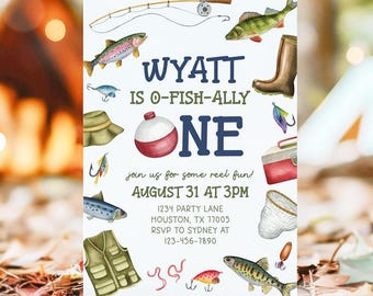 Fishing 1st Birthday Invitation, O Fishally One Invite, Reel in the Fun Fish Theme, Ofishally One Boy Birthday Party Editable Template 83FI