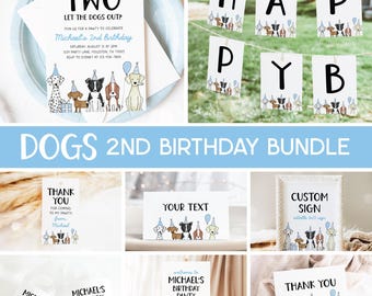 Hund 2-års födelsedagspaket, Valpfestinbjudan, Två släpper ut hundarna, Hundtema Pojke 2-års födelsedagsfestpaket Redigerbara mallar 42DG