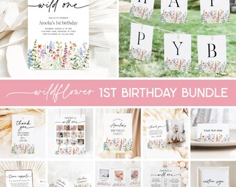 Wildflower 1st Birthday Bundle, Wild One Invitation, Floral Wild Flower Girl 1st Birthday Party Package Editable Templates 31WF