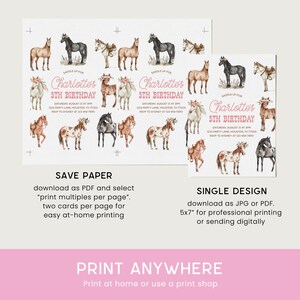 May include: Printable invitation for a 5th birthday party with a horse theme. The invitation features a watercolor illustration of horses and the text "Saddle Up for Charlotte's 5th Birthday".